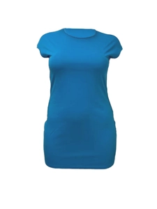 Detail of a slim fit bright blue mini dress with a round neck and minimalist design