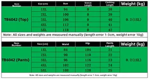 Guide des tailles détaillé pour ensemble deux pièces femme grande taille TB6042 du 1XL au 5XL