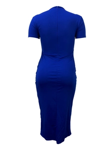 Royal blue short sleeve bodycon dress with back zipper detail and slim fit design