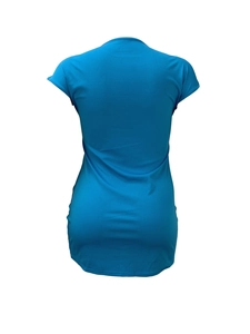 Rear view of a fitted royal blue short-sleeve mini dress with a comfortable knit texture
