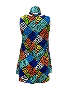 Detail of sleeveless dress and matching headband featuring colorful geometric patterns