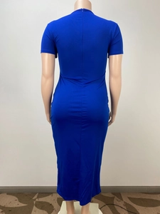 Close-up of royal blue bodycon maxi dress back with hidden zipper and short sleeves