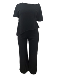 Women's black two-piece casual set with short sleeve irregular hem top and wide-leg pants