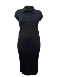 Slim fit black short sleeve Polo dress with button collar in midi length for women