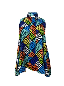 Detail of colorful geometric print sleeveless top with stylish ribbon tie-neck design