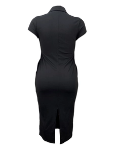 Slim fit black short sleeve midi dress with turn-down collar and back slit detail