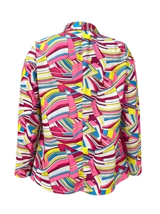 Women's plus size blazer with bold colorful abstract geometric prints back view