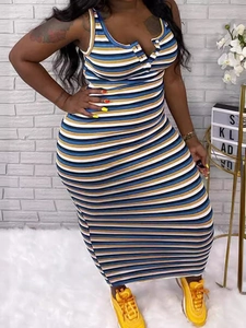 Slim fit sleeveless maxi dress with colorful horizontal stripes and buttoned neck