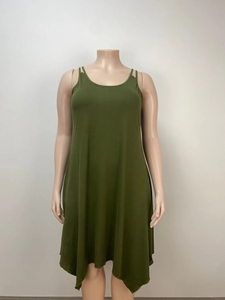 Detail of army green sleeveless plus size dress with spaghetti straps and loose fit