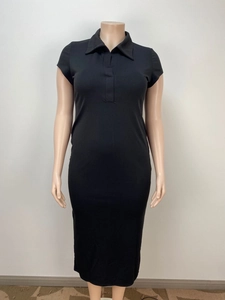 Detail of the slim fit black short sleeve polo collar dress on a mannequin