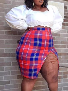 Women Plus Size Plaid Bodycon Mini Skirt Sexy High Waist Side Slit Lace Up Scottish Tartan Pattern Fashion Summer Skirt