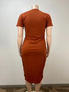 Back view of a caramel short sleeve bodycon dress on a female mannequin torso
