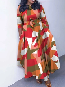 Women's Plus Size Geometric Print Maxi Dress Elegant Round Neck Three Quarter Sleeve High Waist A-Line Dress With Belt