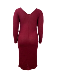 Elegant burgundy ribbed knit V-back long sleeve midi bodycon dress for women
