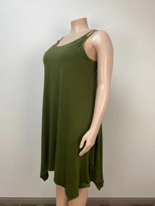 Side view of dark green loose fit sleeveless dress with double thin spaghetti straps