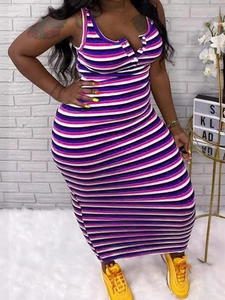 Slim fit sleeveless maxi dress with colorful stripes and a notched V-neckline style