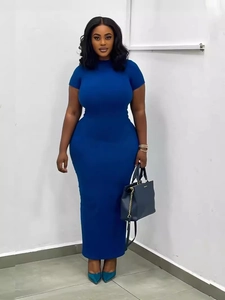 Elegant Women Plus Size Bodycon Maxi Dress Sexy Short Sleeve Round Neck Slim Fit Royal Blue Solid Color Long Pencil Dress