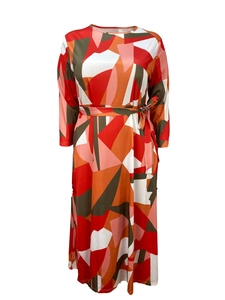 Women's long sleeve geometric print midi dress with waist tie and abstract pattern