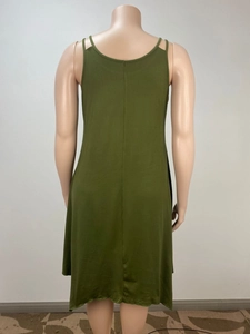 Back view of loose olive green sleeveless maxi dress with fine straps and draped hem