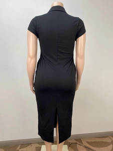 Rear view of black short sleeve midi dress with polo collar and high back slit