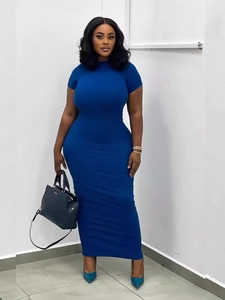 Elegant royal blue bodycon maxi dress with mock neck and short sleeves for a slim fit