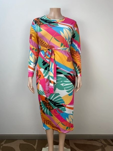 Detail of tropical plant print long sleeve dress with waist tie and round neckline