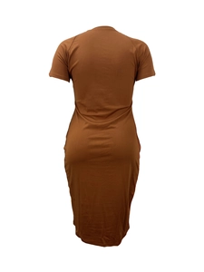 Detail view of the brown short sleeve slim fit midi dress with round neck and stretch fabric