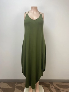 Detailed view of the olive green sleeveless maxi dress with a V-neck and asymmetrical hem
