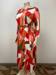 Macro detail of high-quality geometric abstract print on long-sleeved A-line dress