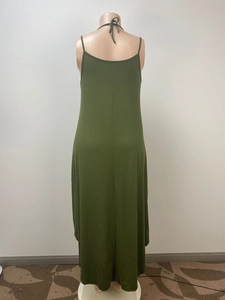Back view of army green halter neck maxi dress with thin straps and draped floor-length hem