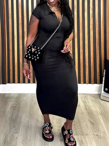 Women Plus Size Bodycon Dress Polo Collar Short Sleeve Lapel Stretchy Midi Dress Solid Color Elegant Commuter Pencil Dress