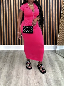 Rose pink slim fit knit dress with lapel collar and short sleeves for women