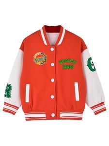 Close-up of the red kids baseball jacket with MOMENT 1998 embroidery and striped cuffs