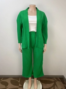 Detail eines grünen zweiteiligen Plissee-Sets mit Strickjacke und Hose mit weitem Bein