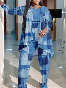 Ensemble deux pièces pour femmes avec imprimé patchwork denim vintage et manches longues