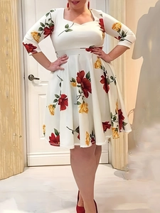 Robe Grande Taille pour Femmes Imprimé Floral Col Carré Taille Haute Évasée Midi Manches Longues Élégante Robe