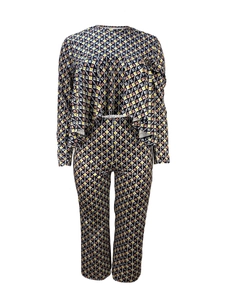 Zweiteiliges Damen-Freizeitset mit Rüschenoberteil und Hose mit geometrischem Kettenmuster