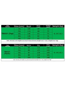 Detailed size chart for women's casual two-piece set including bust and waist measurements