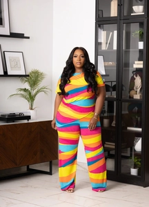 Detailed view of colorful wave print pattern on loose plus size two-piece casual set