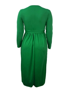 Detail of waist stitching and full-length back view of bright green long sleeve dress