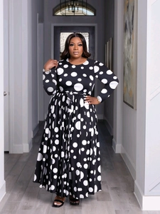 Robe Maxi Femme Grande Taille Imprimé à Pois Noir Blanc Manches Longues Élégante Col Rond Grande Amplitude Robe Rétro Longue