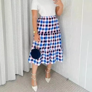 Jupe Gâteau à Étages Grandes Tailles Femmes Gingham Plaid Taille Haute Élastique Jupe Midi Coupe Large Mode Élégante