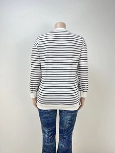 Back view of a casual long-sleeved striped sweatshirt with ribbed cuffs and white hem details