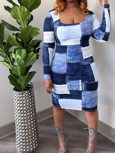 Plus Size Damen Jeansdruck Patchwork Kleid Eckiger Ausschnitt Langarm Schlank Körpernah Midi Kleid Elegant Pendler Kleidung