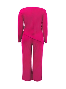 Back view of a rose red two-piece lounge set with irregular hem and straight-leg pants