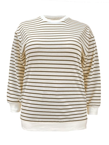 Detail view of the striped long sleeve top featuring ribbed cuffs and a crew neckline