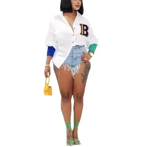 Women plus size white patchwork shirt with contrast sleeves and denim shorts set