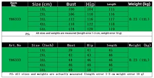 Size chart for V-neck sleeveless denim dress in CM and Inches for sizes 1XL to 5XL