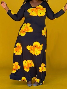 Women Plus Size Long Sleeve V Neck Floral Print Maxi Dress Elegant Hibiscus Pattern Casual Slim Fit Bodycon Long Gown
