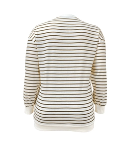 Detail view of striped crewneck sweatshirt with ribbed cuffs and drop shoulder design